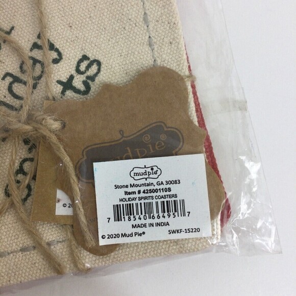 Mud Pie H1 Full of Holiday Spirits Christmas 4"x4" Canvas Coaster Set 42500110S - Picture 4 of 6